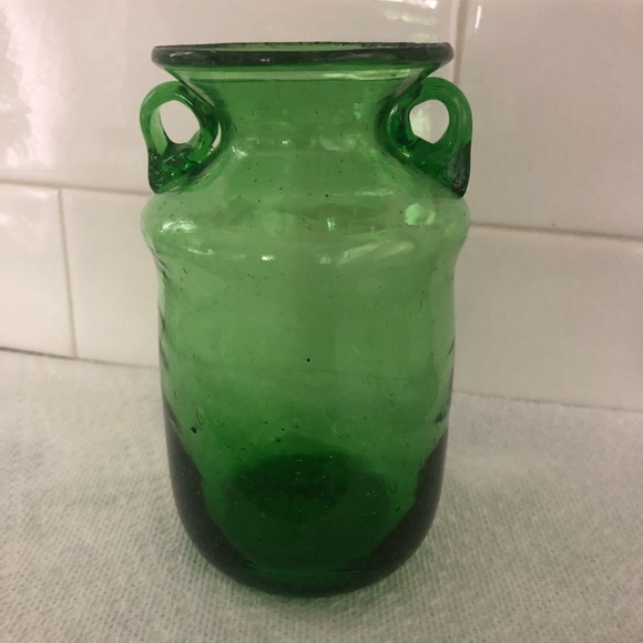 Other - Hand Blown Green Two Handle Glass Vase - Made in Egypt